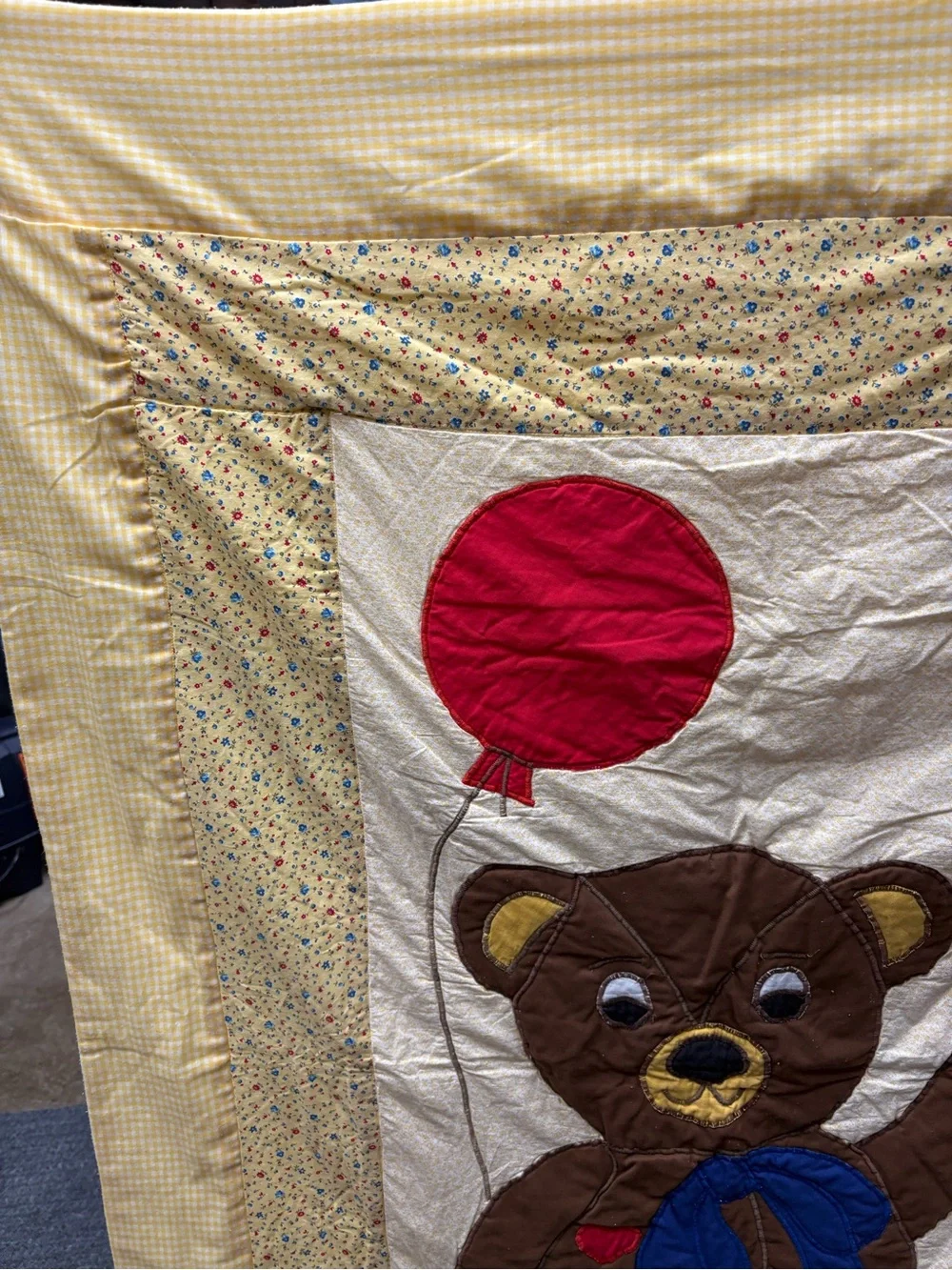 Vintage Handmade Yellow Teddy Bear Appliqué Baby Quilt with Red Balloon